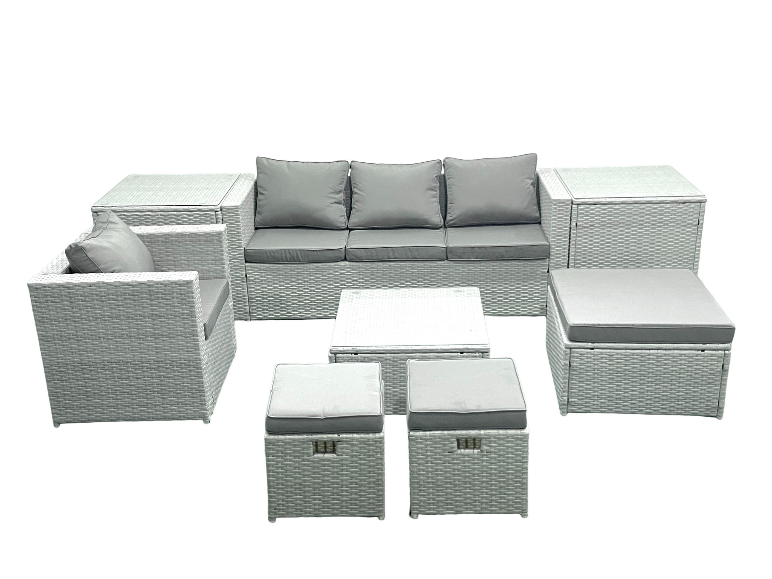 GARTENMÖBELSET mit 3-SITZER SOFA,COUCHTISCH Polyrattan Hellgrau-Mix 6-Sitzer - Hellgrau/Grau, Glas/Kunststoff - Fimous