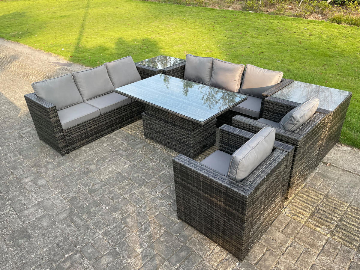 GARTENSOFA SET Polyrattan Dunkelgrau 8-Sitzer - Dunkelgrau/Grau, Metall - Fimous