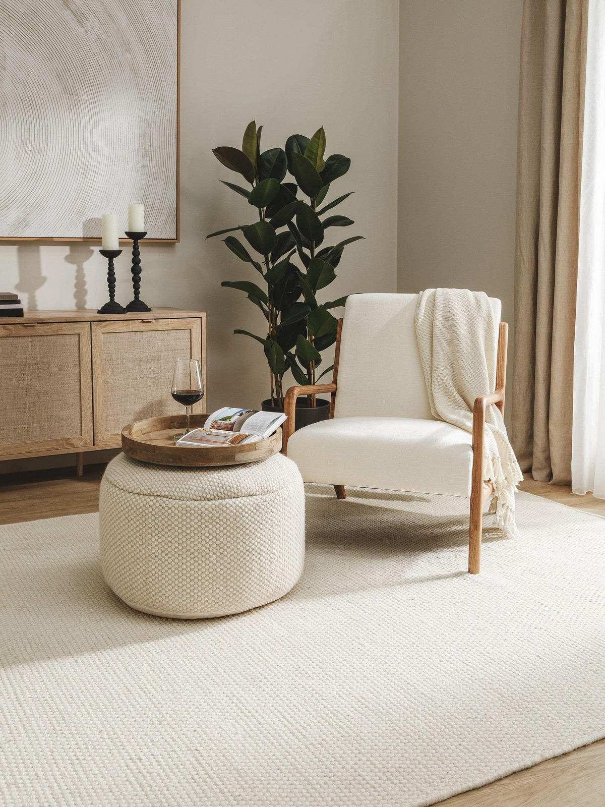 WOLL-POUF handgefertigt Rocco Weiß 55x55x30 cm - Weiß, Textil (55/30/55cm) - benuta Pure
