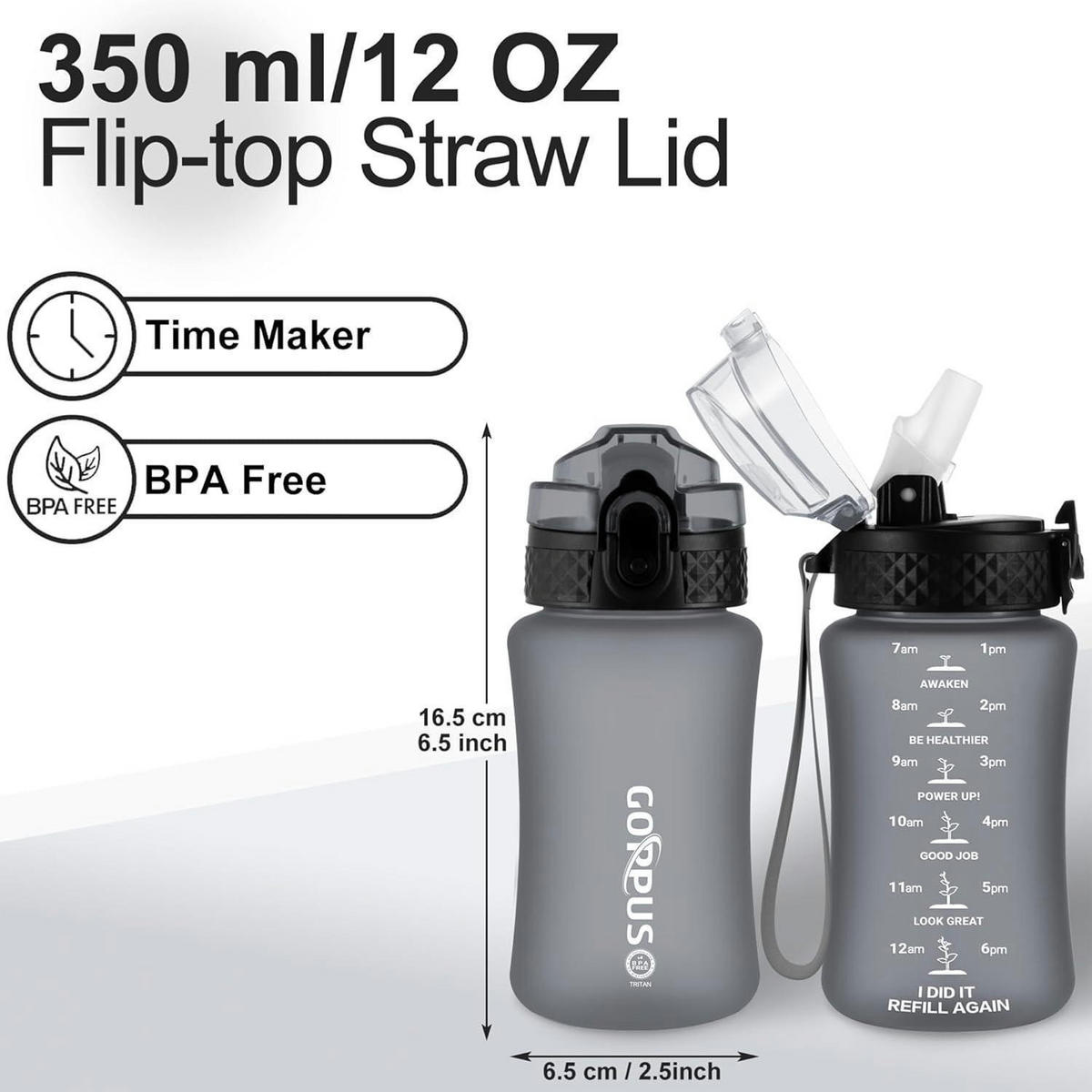 TRINKFLASCHE Kinder 350 ml mit Strohhalm und Zeitmarkierung Grau - Grau, Kunststoff (8/8cm)