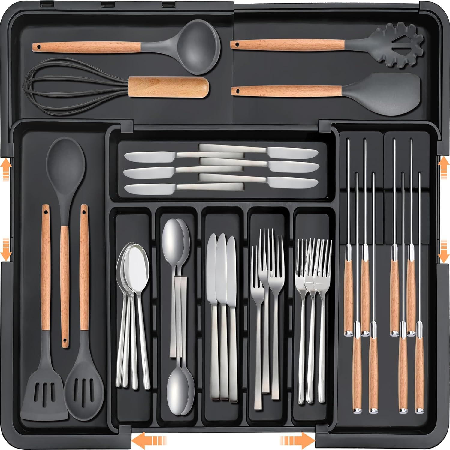BESTECKEINSATZ,ERWEITERBAR, (33,53–55,88) cm × (36,83–48,26) cm, Schwarz - Schwarz, Kunststoff (48.26/5/55.88cm) - Weltevree