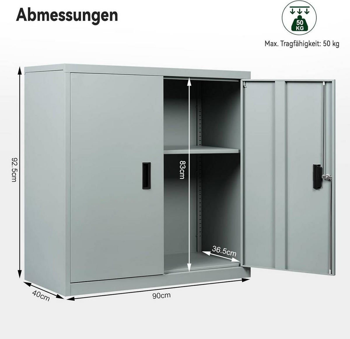 AKTENSCHRANK abschließbar, 90x92x40cm, Metall, Grau - Schwarz/Grau, Metall (90/92.5/40cm) - Woltu