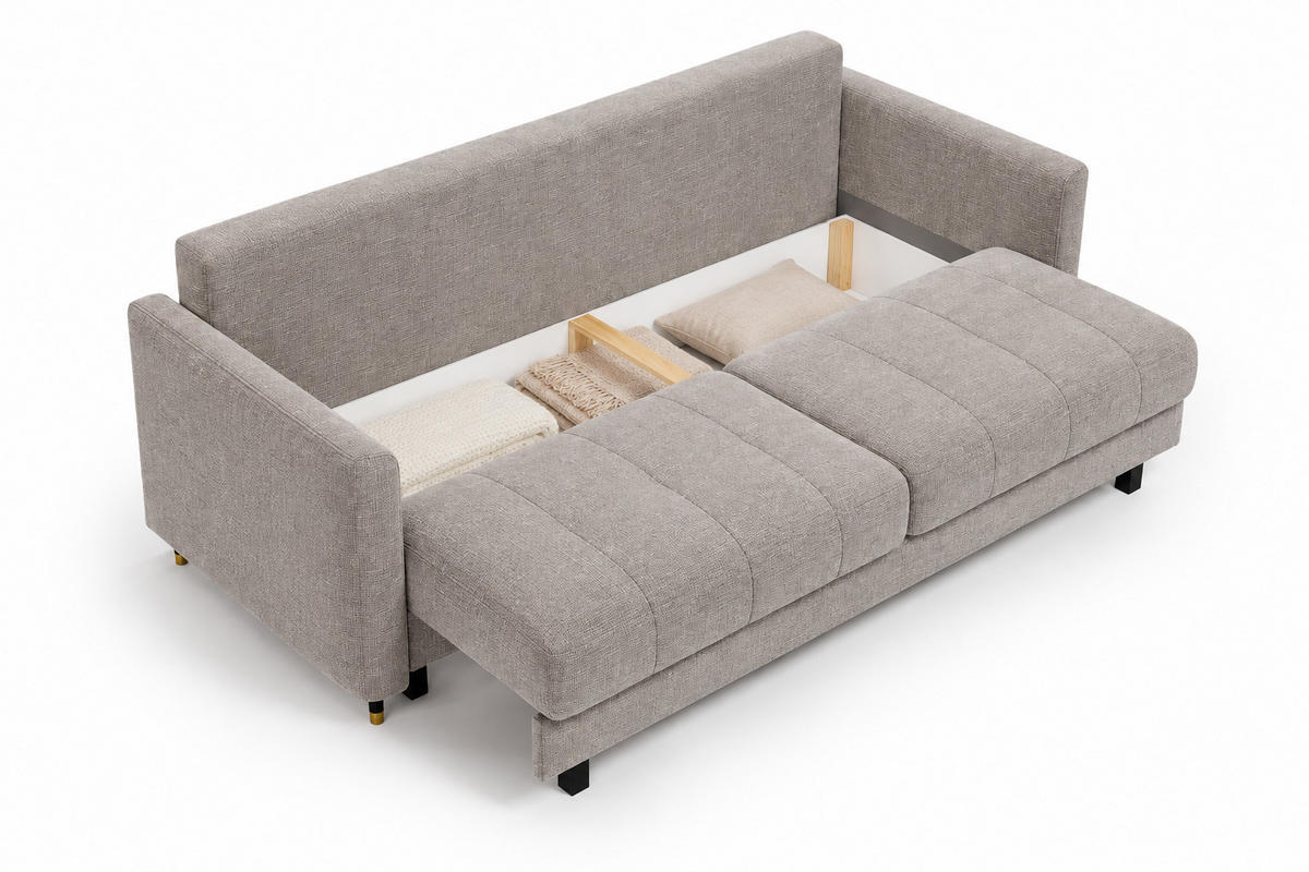 SCHLAFSOFA GEBET mit Schlaffunktion und Bettkasten – Beige - Beige/Schwarz, Textil/Metall (225/100/110cm) - MebleHot