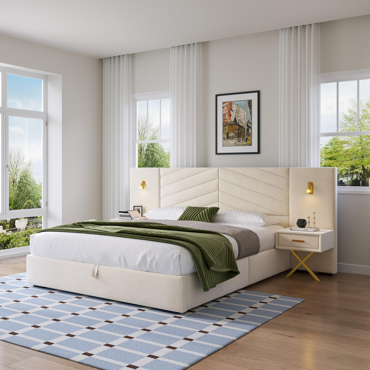 POLSTERBETT 160/200 cm Beige-Weiß mit 2 Bettbänke und 2 LED-Leuchten - Weiß, Holz (160/200cm) - Oxeza