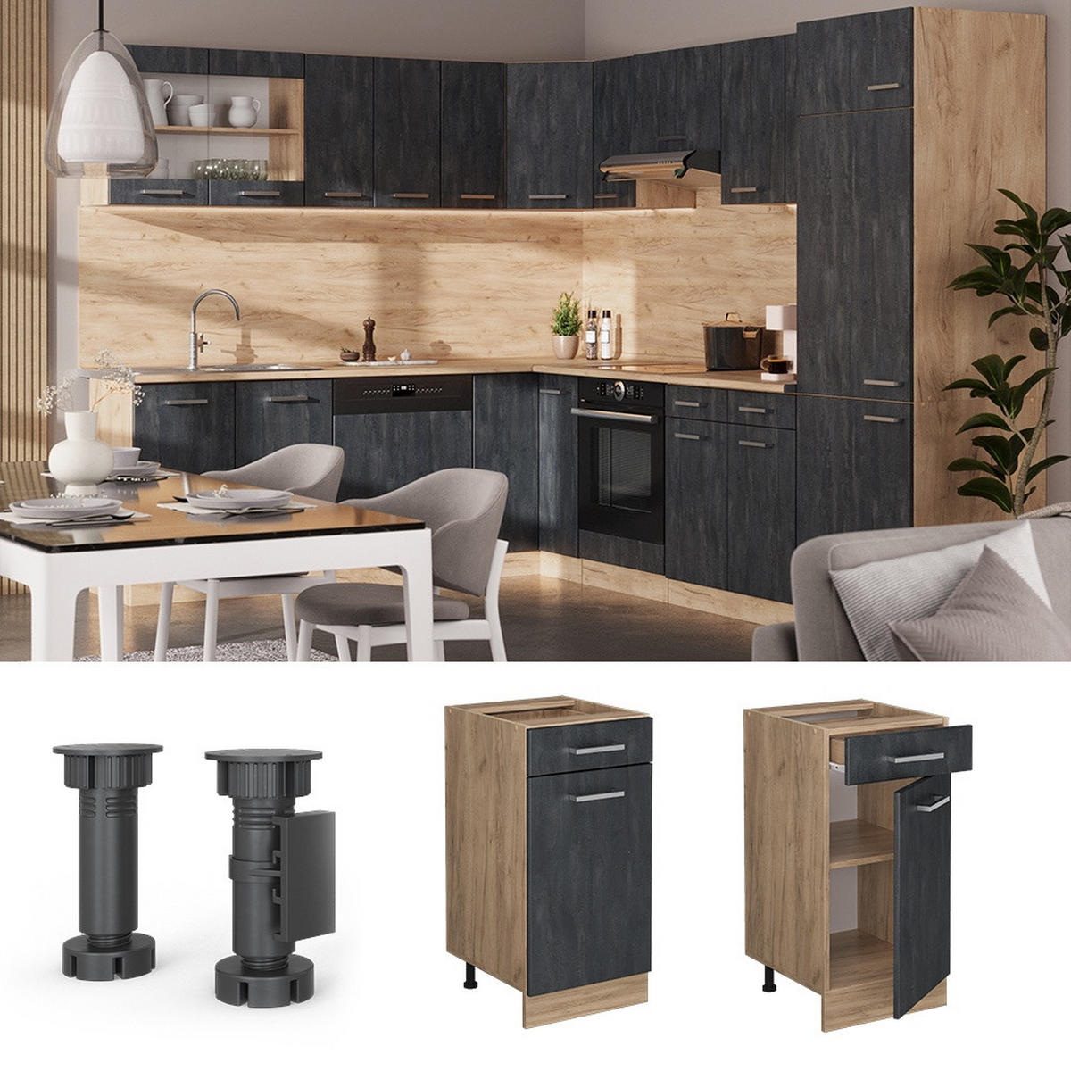 KÖKSUNDERSKÅP R-Line Svart betong 40 cm AP marmor - Honungsek/Svart, Träbaserade material (40/81.6/60cm) - Vicco