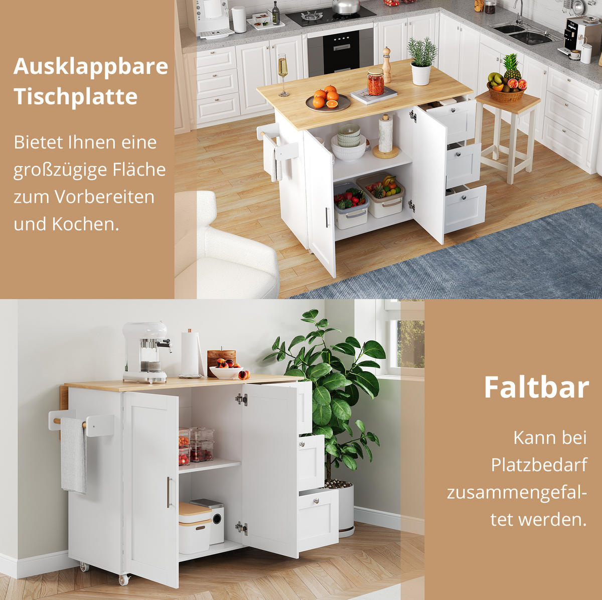 KÜCHENINSEL 135/44(70)/90 cm mit klappbarer Arbeitsplatte, 3 Schubladen, 2 Türen und Rollen, Weiß/Natur - Weiß, Holzwerkstoff (135/90/44cm) - Redom