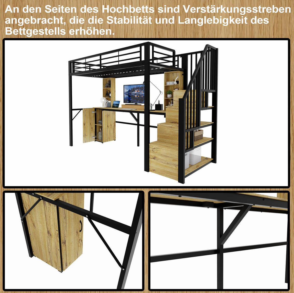 HOCHBETT 90x200 cm in Schwarz mit Schreibtisch, Stauraumtreppe und USB-Anschluss - Schwarz, Metall (90/200cm) - IVMEU