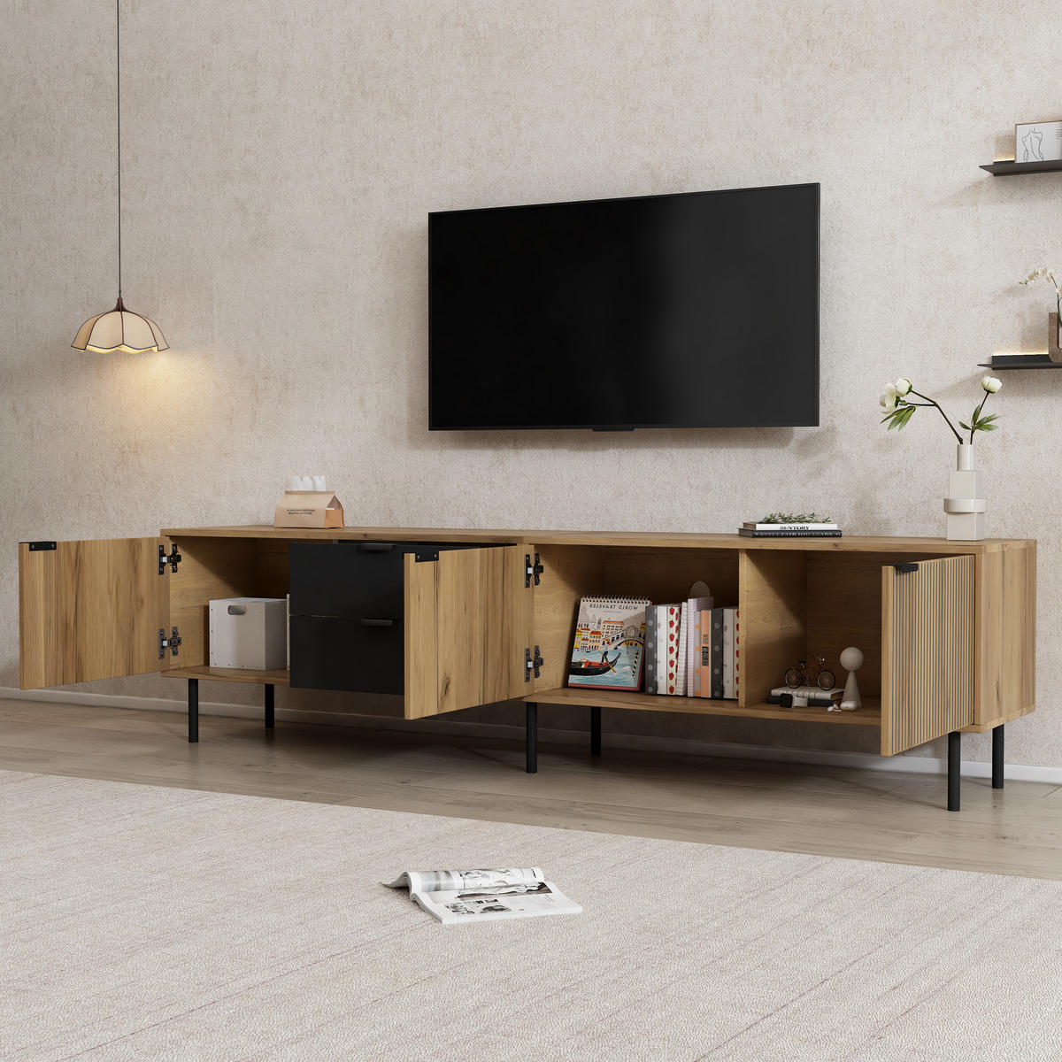 TV-ELEMENT 208/40/48 cm Spanplatte mit Schubladen und Kabelmanagement - Schwarz, Holzwerkstoff (40/48/208cm) - Korfee