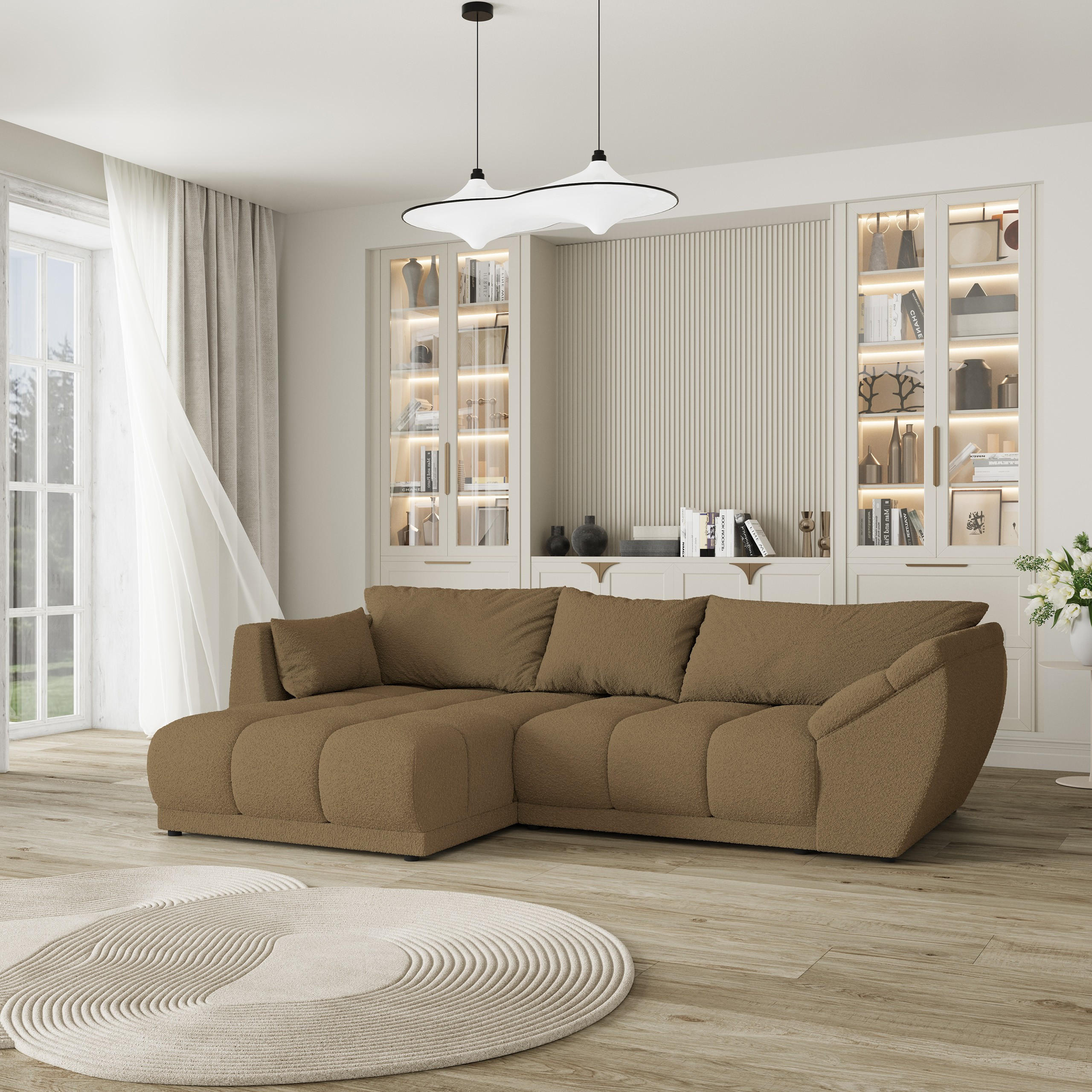 ECKSOFA ORENTI L-S Orange Boucle-Stoff mit Schlaffunktion - Orange, Holz (287/182cm) - MASSENO