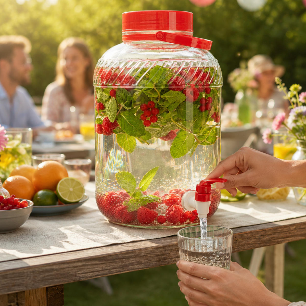 DOZATOR BĂUTURI Roșu sticlă 10 l cu robinet - transparent, sticlă/material plastic (10L) - Relaxdays