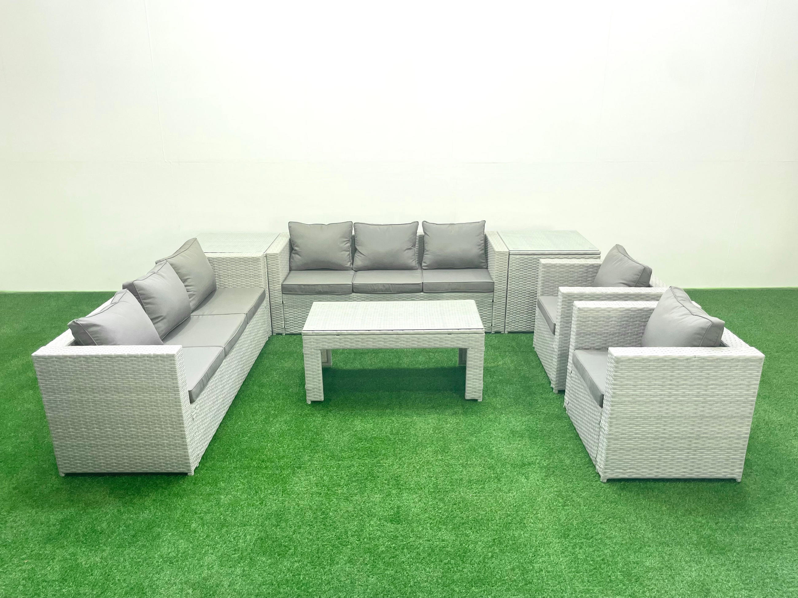 GARTENSOFA hohe Rückenlehne Polyrattan Hellgrau-Mix 8-Sitzer - Hellgrau/Grau, Glas/Kunststoff - Fimous