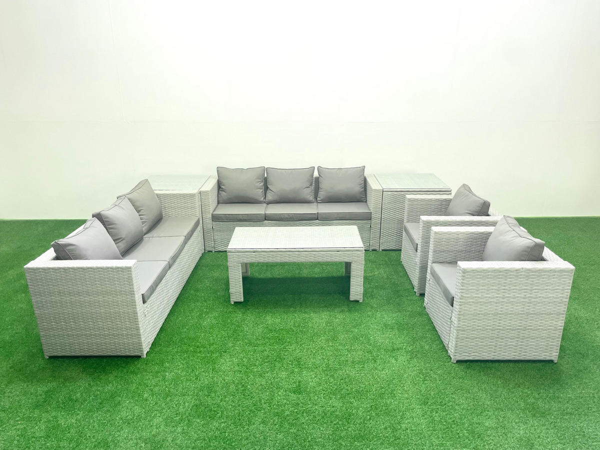 GARTENSOFA hohe Rückenlehne Polyrattan Hellgrau-Mix 8-Sitzer - Hellgrau/Grau, Glas/Kunststoff - Fimous