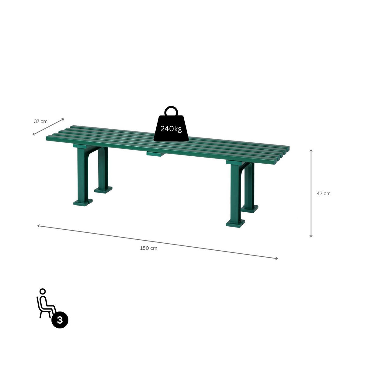 GARTENBANK Kuba 3 Sitzer Grün 42 x 150 x 37 cm Witterungskunststoff & UV Beständiger Kunststoff - Grün, Kunststoff (150/42/37cm) - PROREGAL