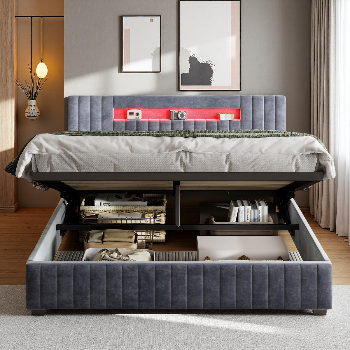 POLSTERBETT 140x200 cm Grau mit LED Stauraumkopfteil - Grau, Metall (140/200cm) - SHOPENTRA