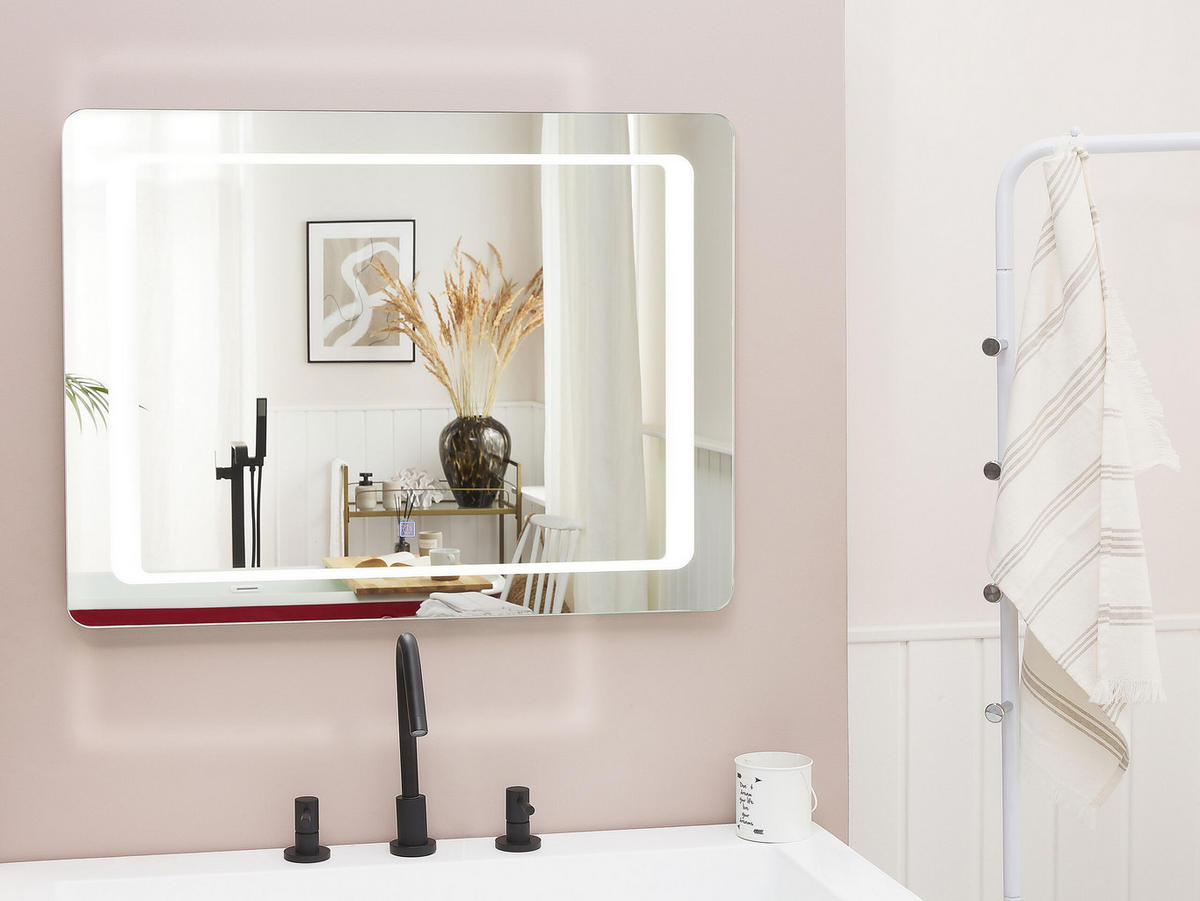 BADSPIEGEL mit LED-Beleuchtung rechteckig 80/60 cm Wassy - Silberfarben, Glas (80/60/3cm) - Beliani