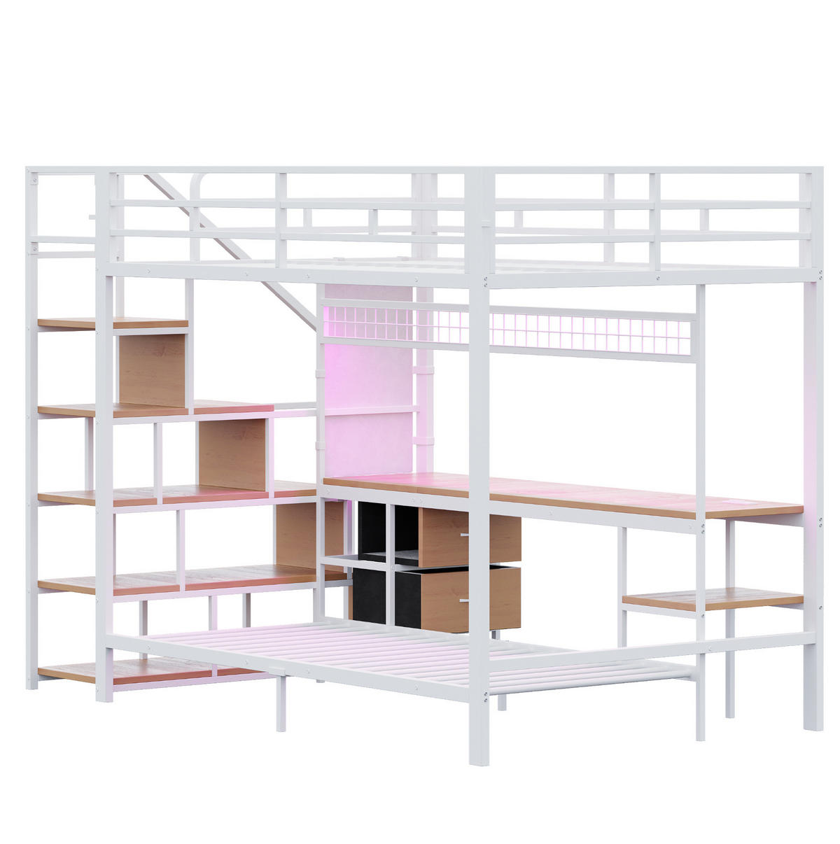 HOCHBETT mit Schreibtisch 140/200 cm in Weiß – mit Unterbett 90/200 cm - Weiß, Metall (140/200cm) - BEAOK