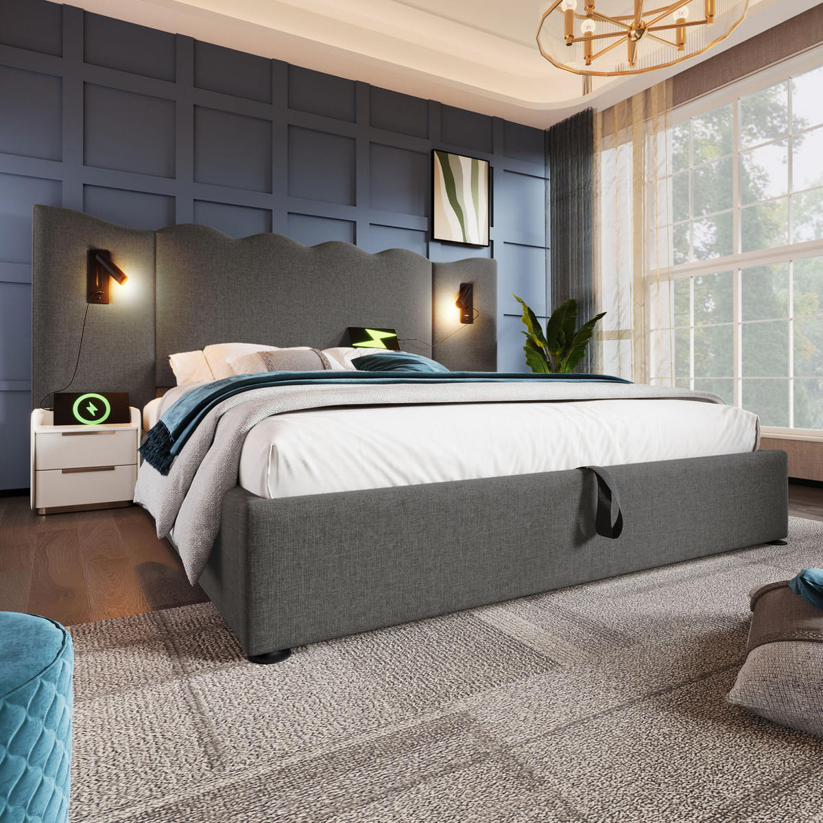 POLSTERBETT 160/200 cm Grau aus Leinen mit Stauraum und Leselampe - Grau, Textil (160/200cm) - OKMYHOME
