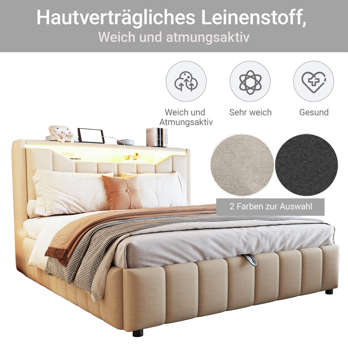 BOXBETT 140/200 mit Bettkasten, LED/USB-C, Lattenrost, Leinen, Beige - Beige, Holz/Textil (140/200cm) - LVHOM