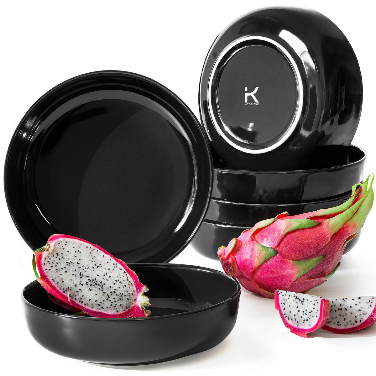 TELLER-SET VICTO 6-tlg Suppenteller - Schwarz Hochglanz, Keramik (18/5/18cm) - KONSIMO®