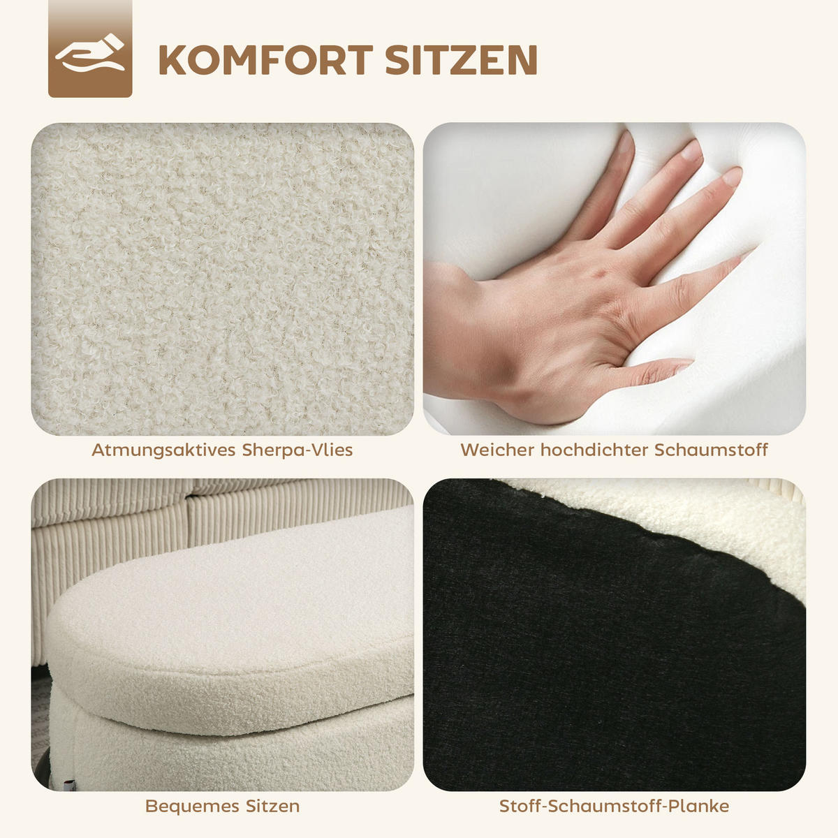 SITZBANK mit Stauraum Sitztruhe mit hochklappbarem Deckel, Fleece-Optik Creme - Creme/Schwarz, Textil (40/48/114.5cm) - HOMCOM