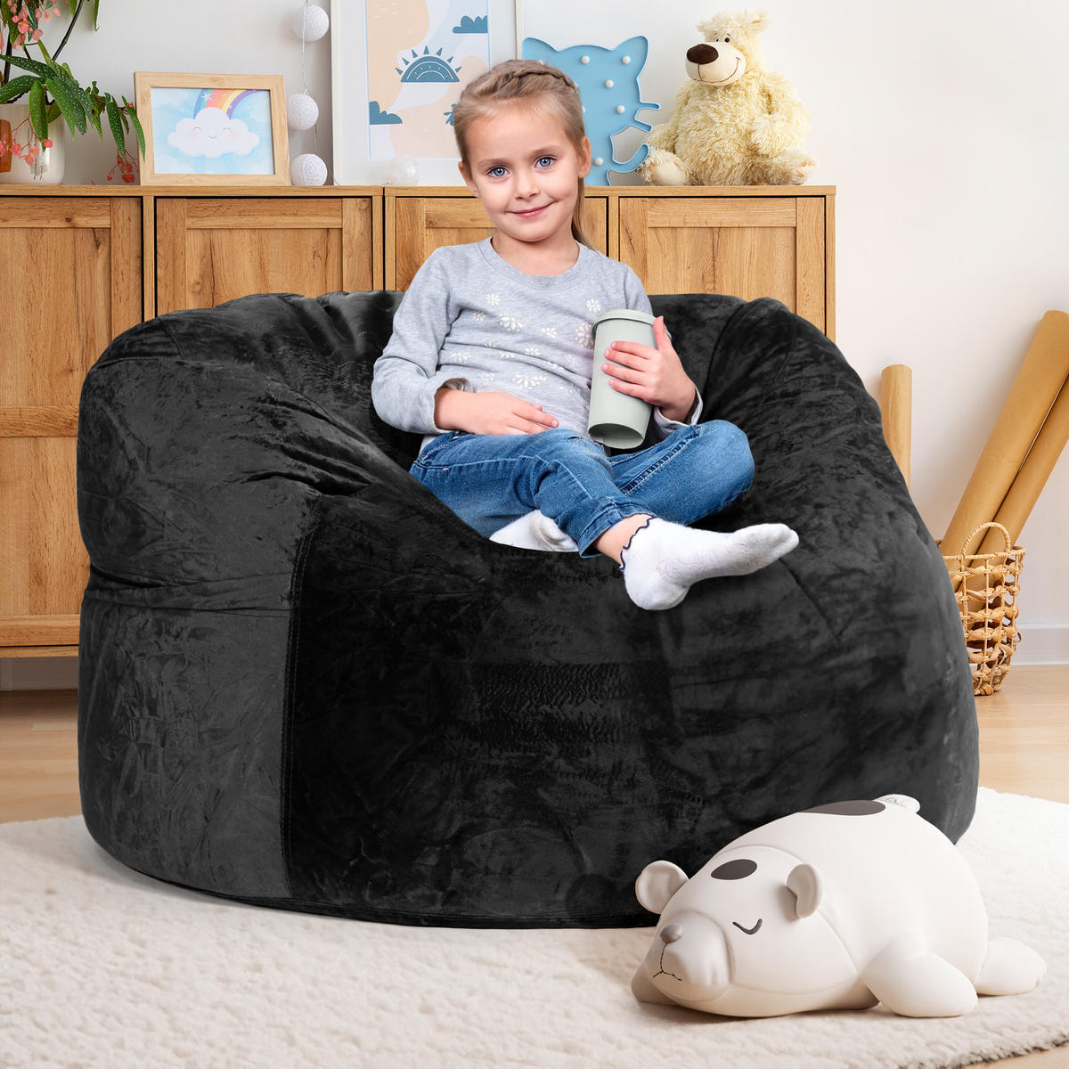 RIESEN-SITZSACK XXL JUMBO Velours 3ft - Schwarz, Textil (105/65/105cm) - Green Bean