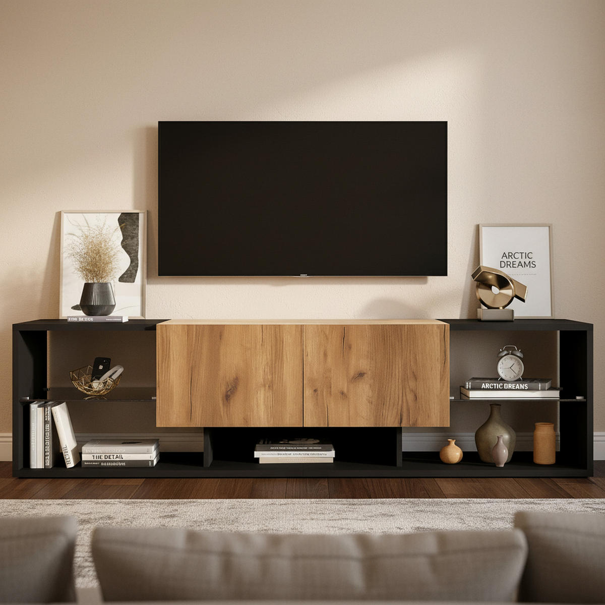 TV-SCHRANK in Schwarz & Natur mit LED - Eichefarben, Holzwerkstoff (160/42/40cm) - Urban Meuble