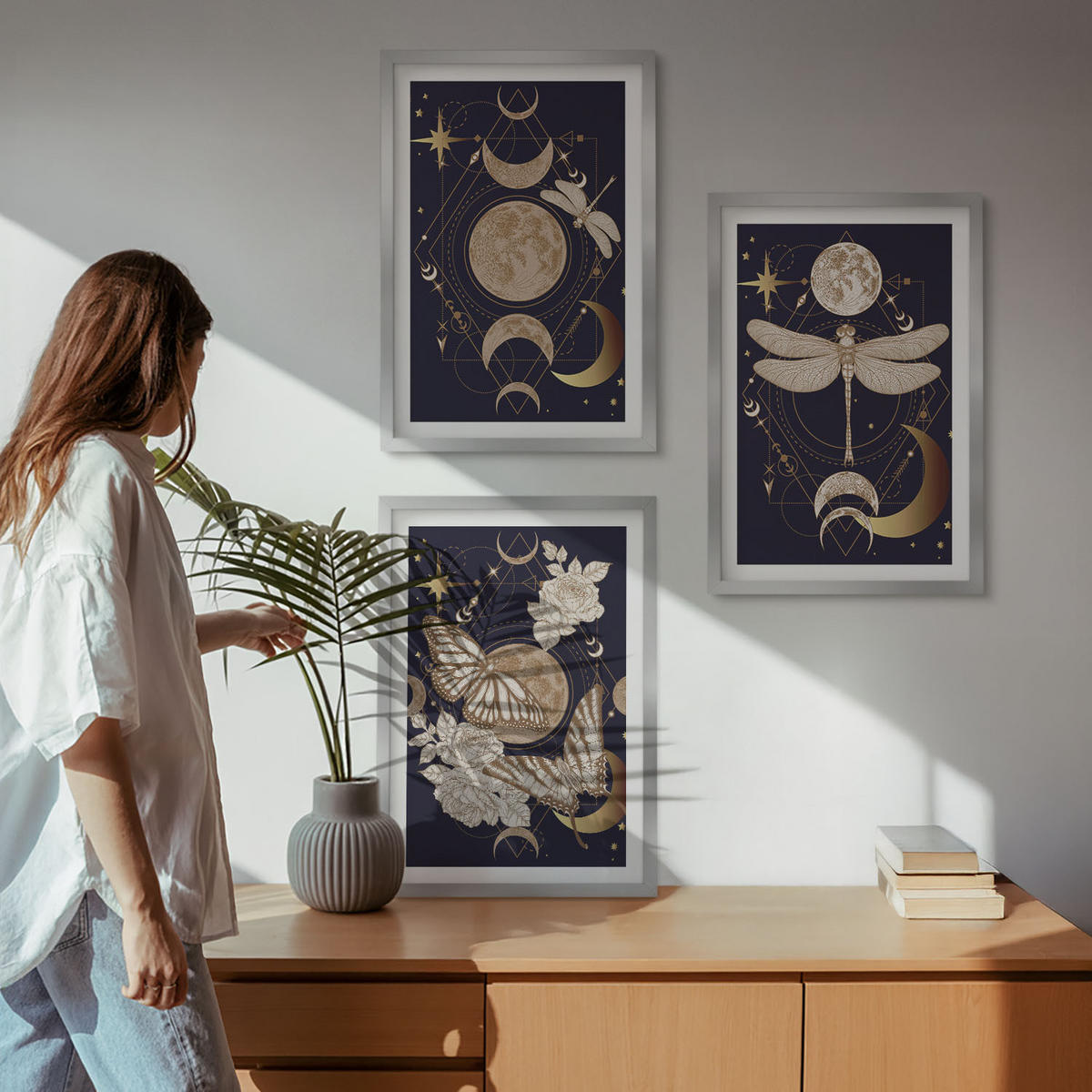 BILDER SET 3er Set - 40x60 cm Silberner Rahmen - Naturmotive Mondblumen - Silberfarben, Kunststoff (40/60cm) - TULUP