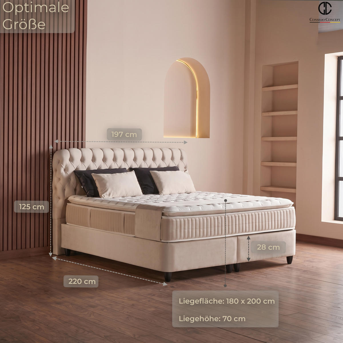 BOXSPRINGBETT MIT BETTKASTEN SIENA 180/200 cm, Beige, Bettkasten, Matratze, Topper integriert, H3 mittel, 7-Zonen Matratze - Beige/Schwarz, Holz/Kunststoff (180/200cm) - Consilio Concept