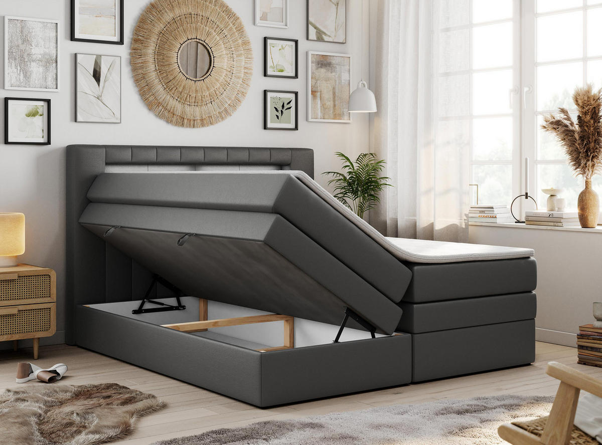 BOXSPRINGBETT GOLD-5 KING LED 160/200 Dunkelgrau Kunstleder - H3 - Dunkelgrau, Holz/Textil (160/200cm) - MKS