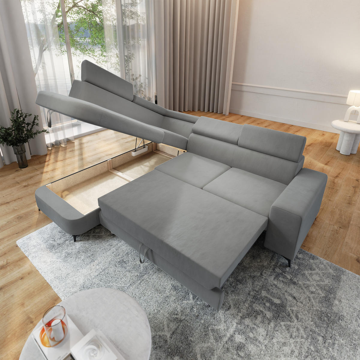 ECKSOFA ALVORO L-S Hellgrau Velours-Stoff mit Schlaffunktion - Hellgrau, Holz (253/190cm) - MASSENO