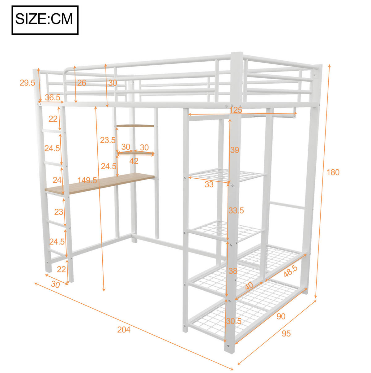 HOCHBETT 90/200 cm in Weiß mit Schreibtisch, Regal und Kleiderstange - Weiß, Metall (90/200cm) - Flora Grace