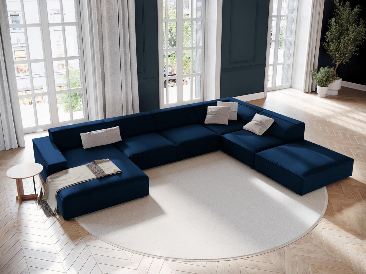 PANORAMASOFA rechts Jodie aus Samt königsblau 7 Sitzplätze - Blau, Textil (262/70/364cm) - Micadoni