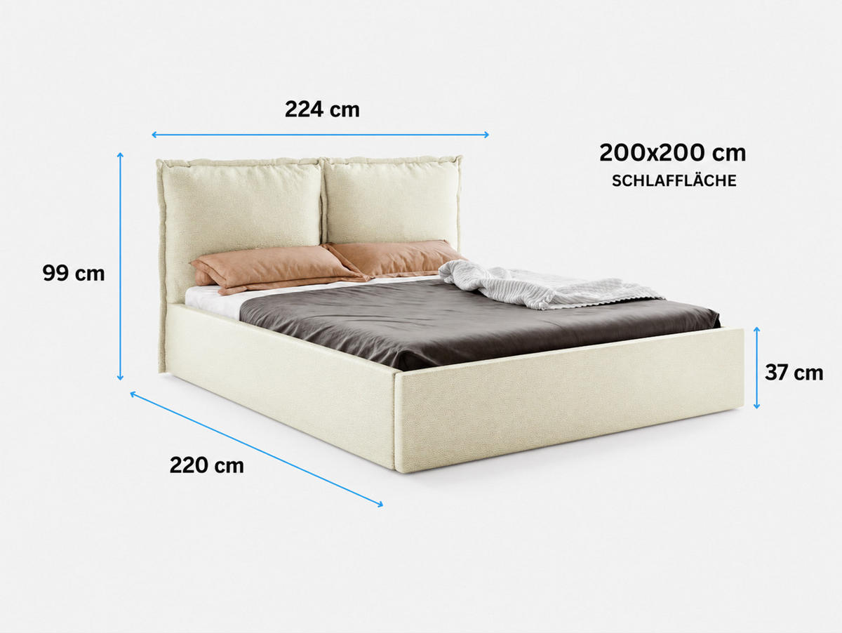 POLSTERBETT MIRA 200x200 cm mit Bettkasten, Stauraum und Metall-Lattenrost – VIBE Hellblau - Schwarz/Hellblau, Textil/Metall (200/200cm) - Luxkor24