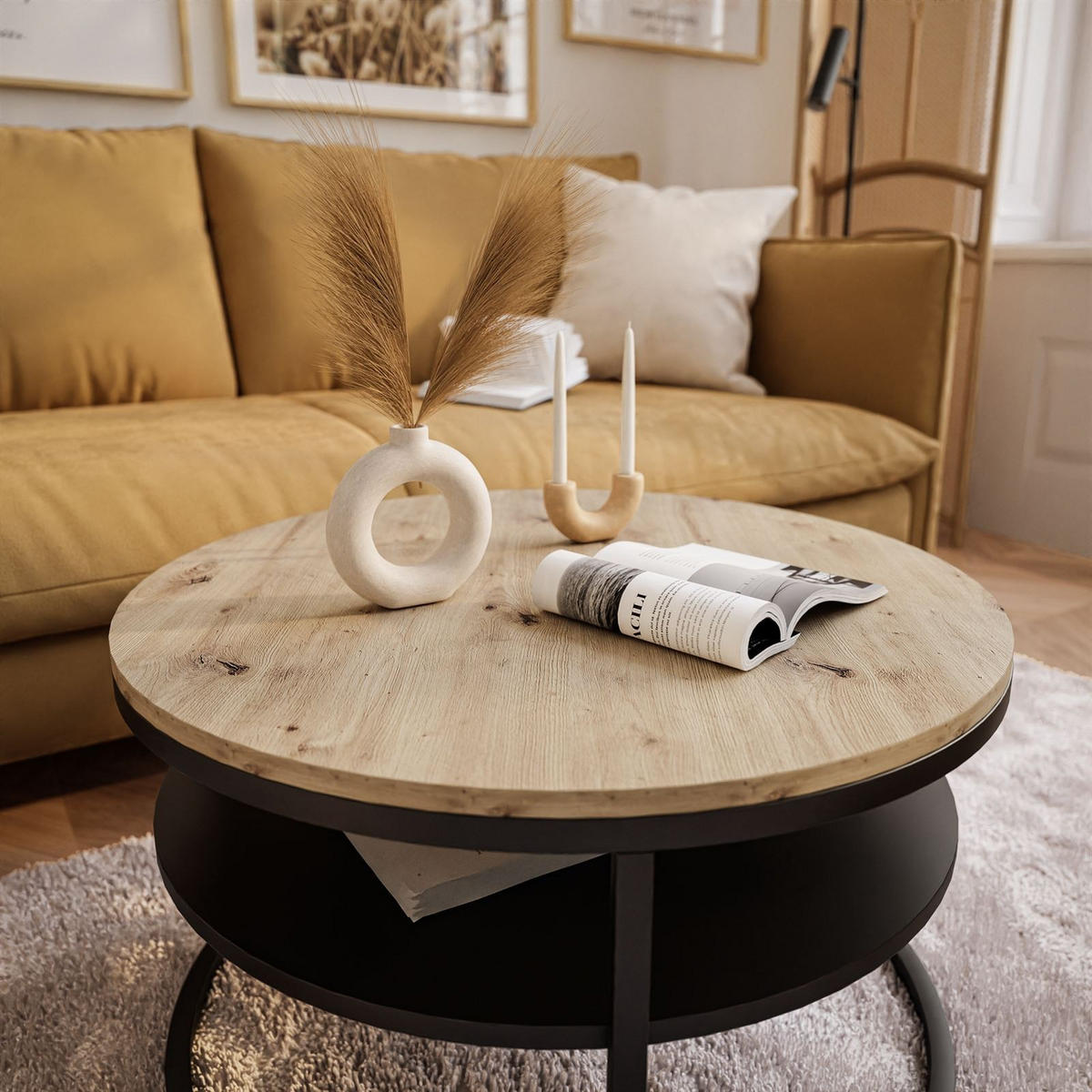 COUCHTISCH CIRI mit Regal Eichenholz Artisan - Eichefarben/Schwarz, Holzwerkstoff (70/70/49cm) - Lookway