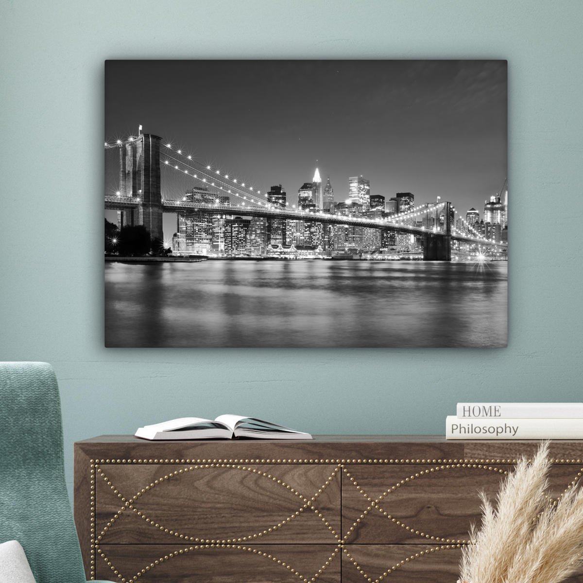 LEINWANDBILD - New York - Brücke - Brooklyn - Schwarz und weiß - Architektur - 80x60 - Malerei - Schwarz, Textil (80/60cm) - MuchoWow
