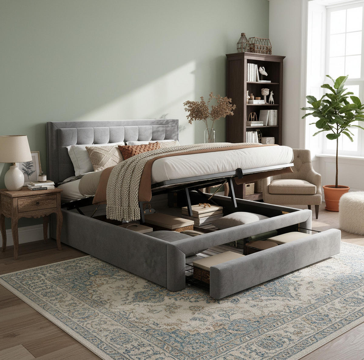 POLSTERBETT 140/190 cm grau aus Samt mit Stauraum - Grau, Textil (140/190cm) - OKMYHOME
