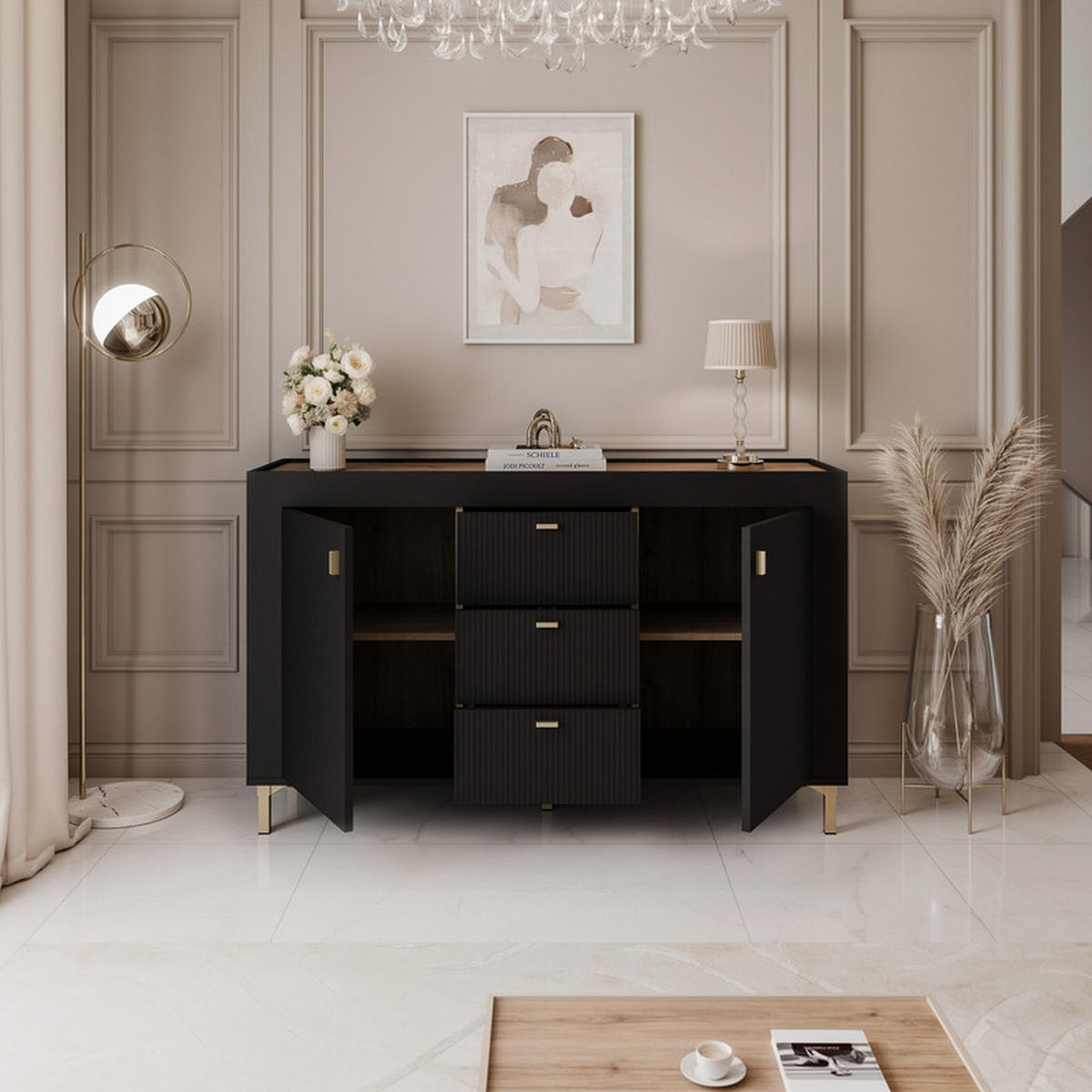 KOMMODE AVENA 137/40/84 cm, 3 Schublade(n), Schwarz / Eiche - Schwarz, Holzwerkstoff/Kunststoff (137/84/40cm) - Idohome