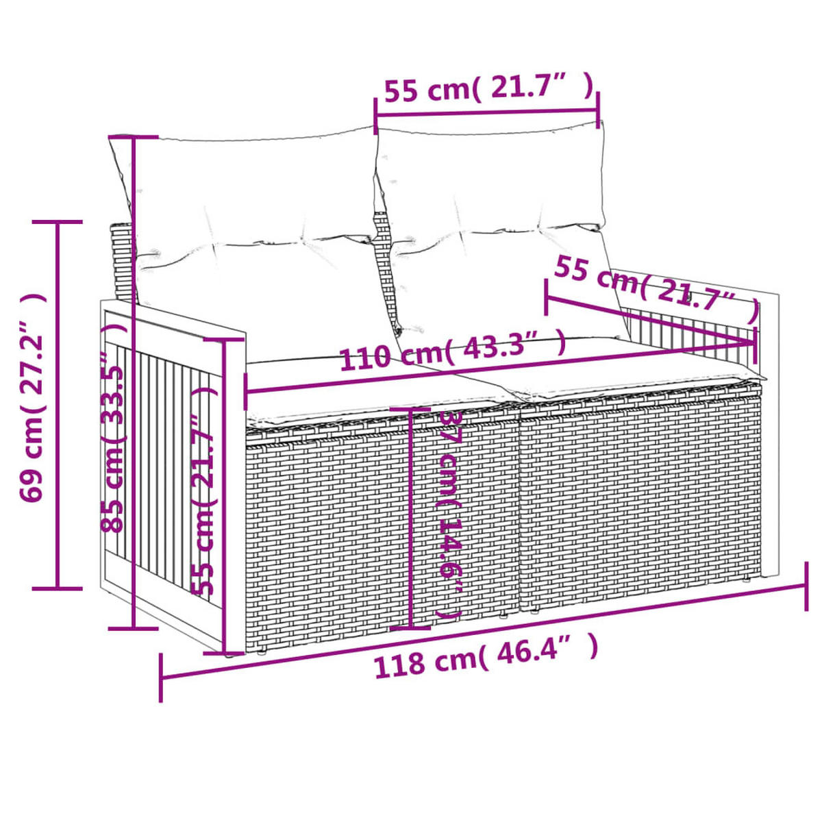 GARTENSOFA 2-Sitzer Mit Kissen Grau Poly Rattan - Grau, Kunststoff (118/69/62cm) - vidaXL