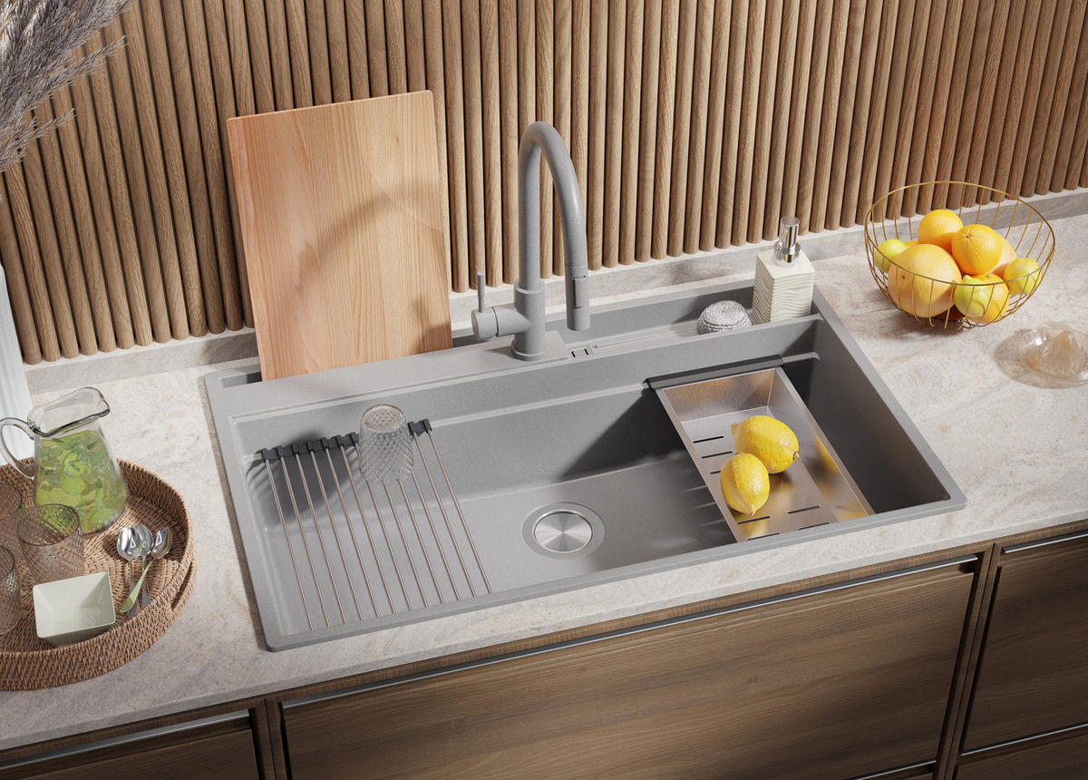 GRANITSPÜLE Oslo, 3-er set Grau 88/53 cm, 1 Becken + Küchenarmatur 40/20 cm + Ablauf-Set ab 90er Unterschrank - Chromfarben/Beige, Kunststoff (88/20/53cm) - Primagran