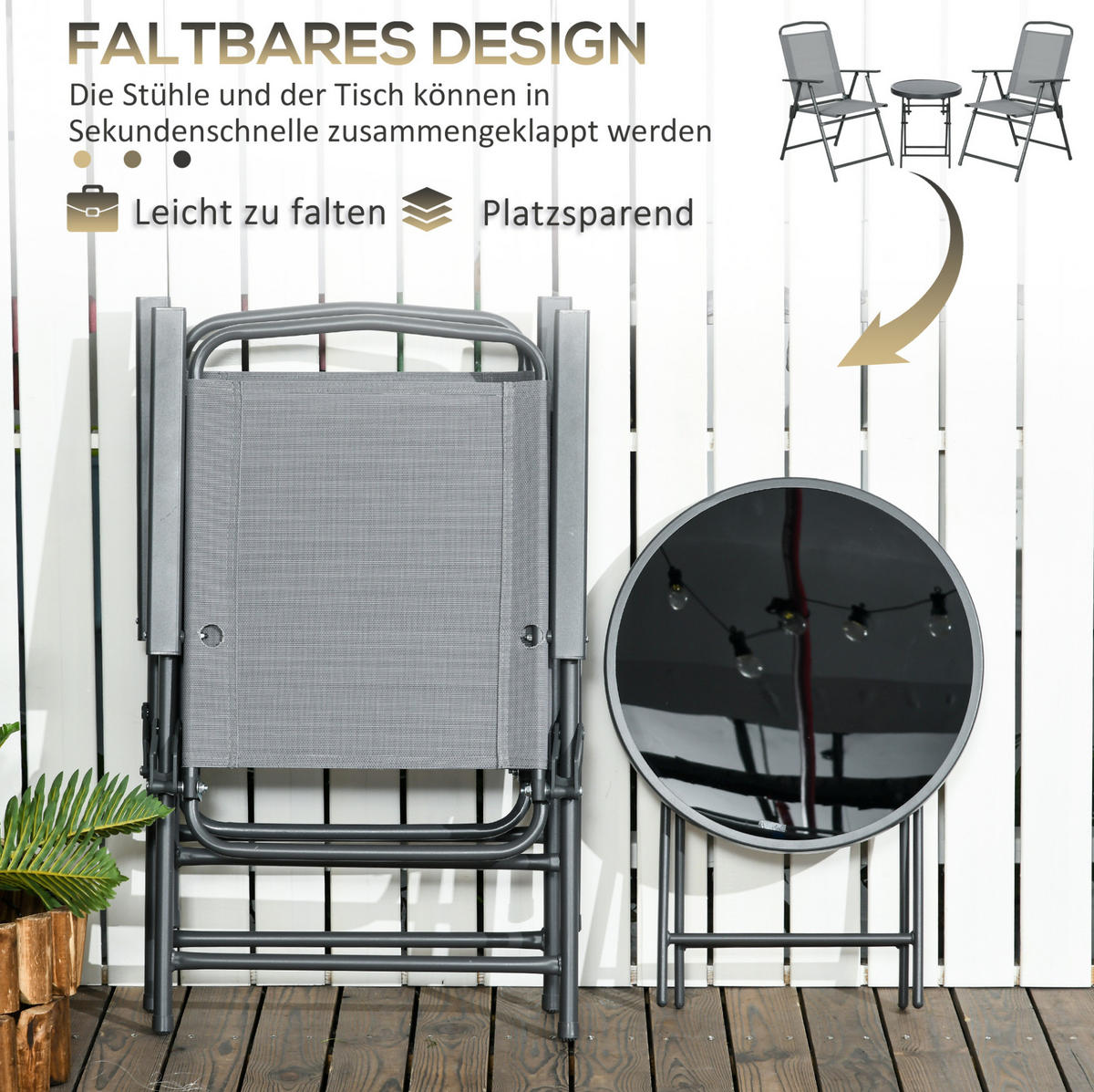3-TEILIGES Klapp-Gartenmöbel-Set aus Metall & Glas in Hellgrau - Hellgrau, Metall - Modfu