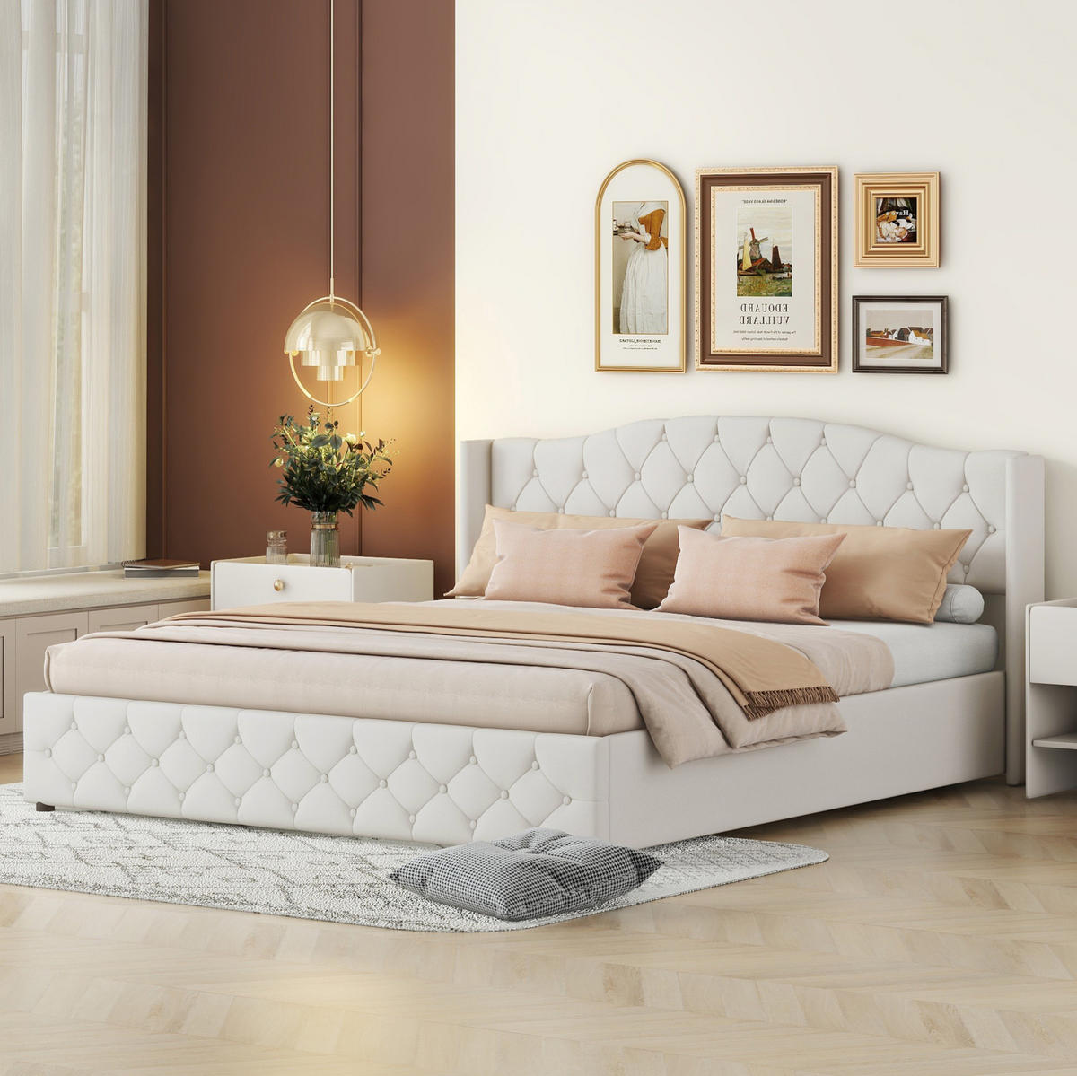 POLSTERBETT 180/200 cm aus Leinen mit hydraulischem Bettkasten Beige - Beige, Textil (180/200cm) - Modenvie