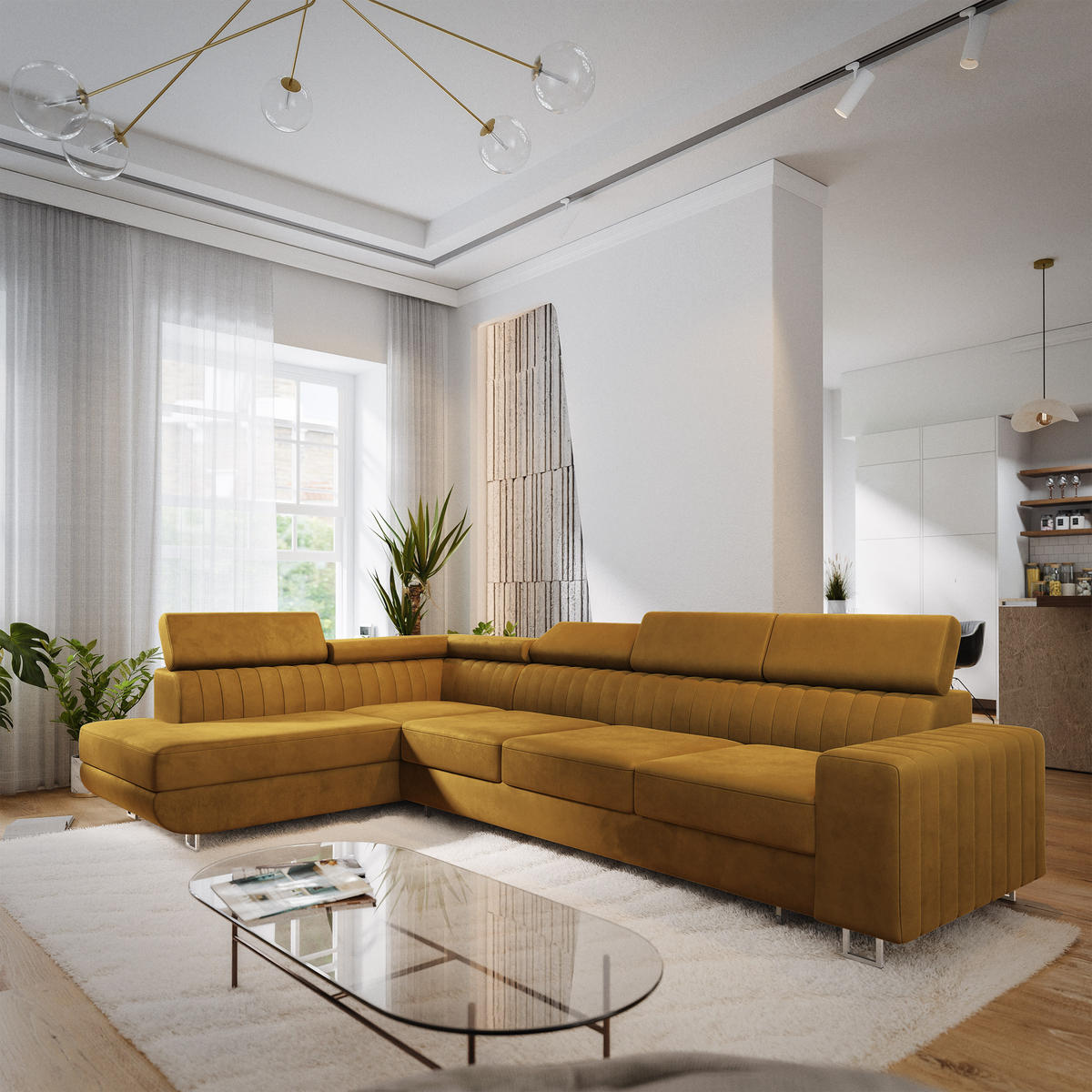ECKSOFA HESTION Gelb Velours-Stoff mit Schlaffunktion - Gelb, Holz (332/190cm) - MASSENO