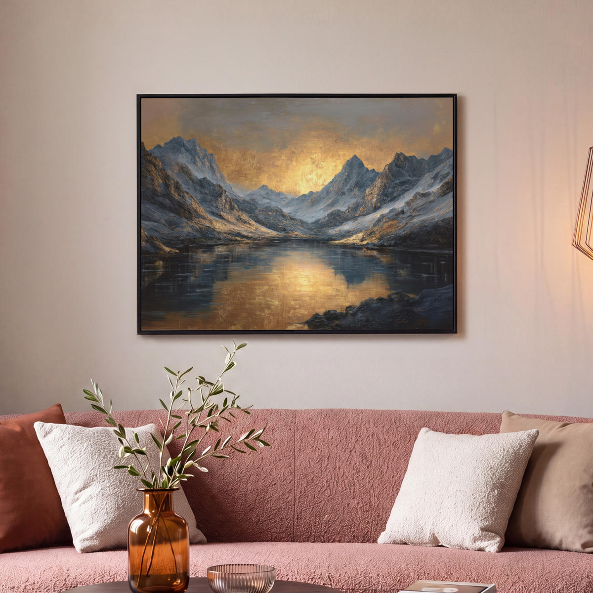 LEINWAND Bilder mit Rahmen - Bergkulisse mit goldenem Sonnenuntergang - 70x50 - Goldfarben, Textil (70/50cm) - MuchoWow