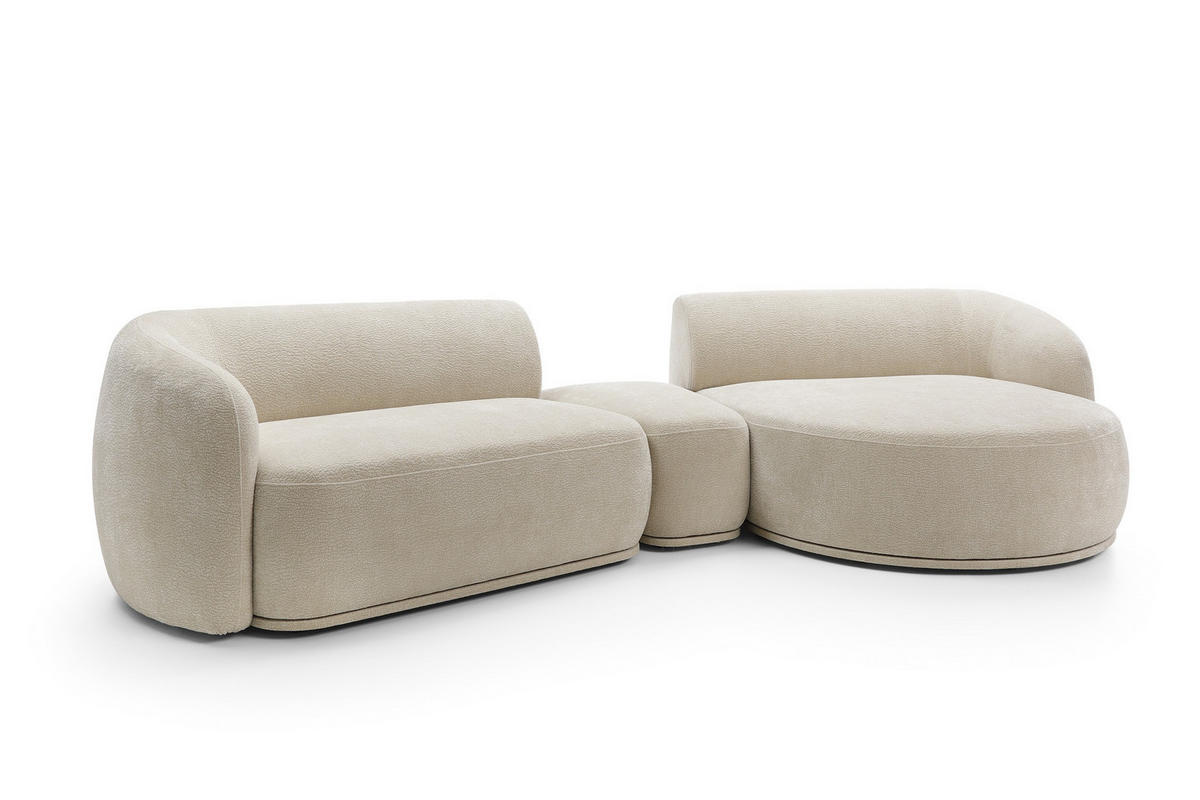 ECKSOFA Nobis Beige, Modulares Sofa mit abgerundeter Seite und Dreieckspouffe, rechte seite - Beige, Holzwerkstoff/Textil (357/147cm) - Bettso