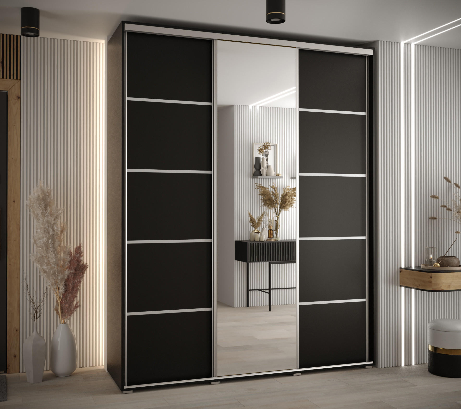 SCHWEBETÜRENSCHRANK 235,2/180/60 3-türig - Silberfarben/Schwarz, Holz/Metall (180/235/60cm) - Abiks Möbel