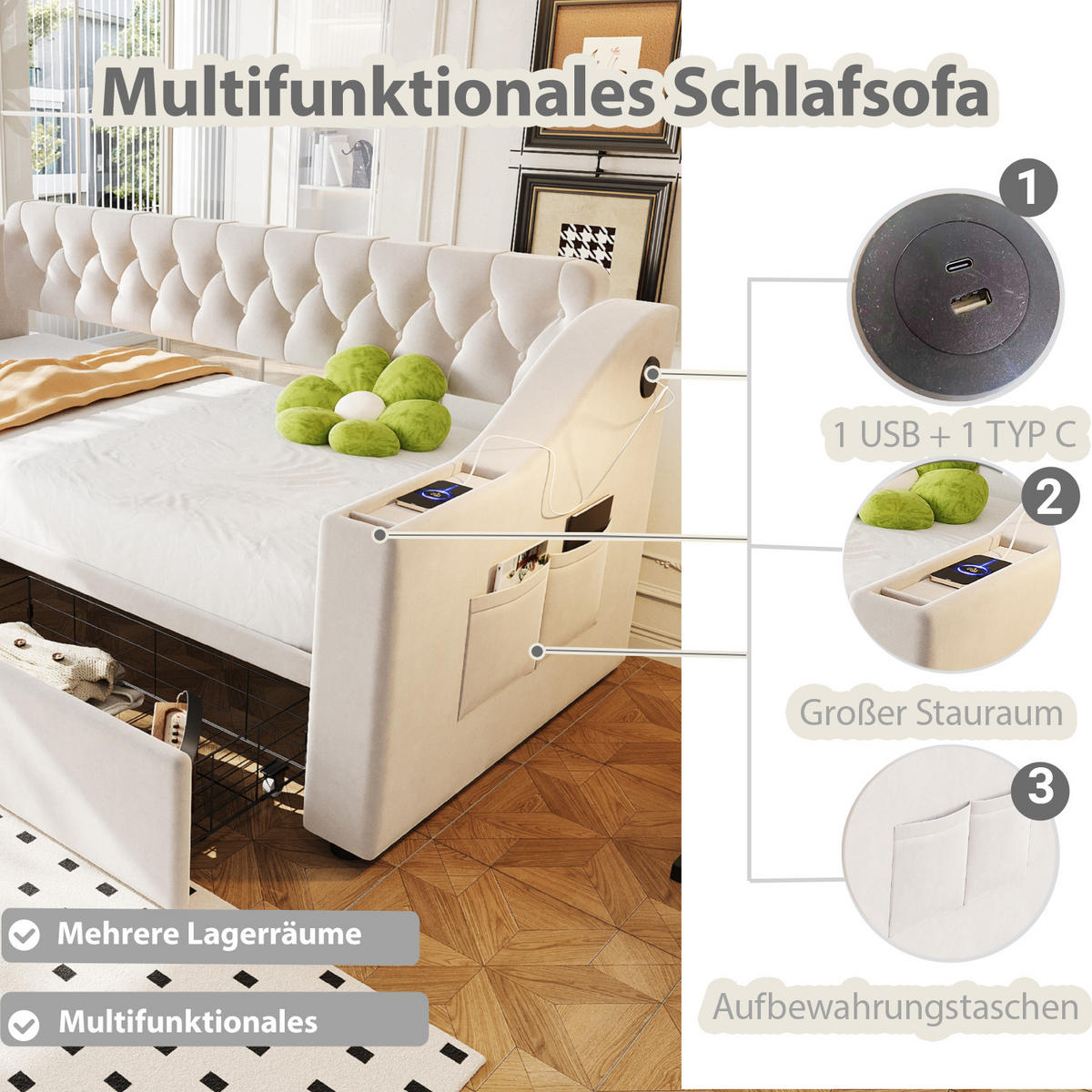 POLSTERBETT 90/190 cm Beige mit Stauraum und mit USB- und Type-C-Anschlüssen aus Samt - Beige, Textil (90/190cm) - OKWISH