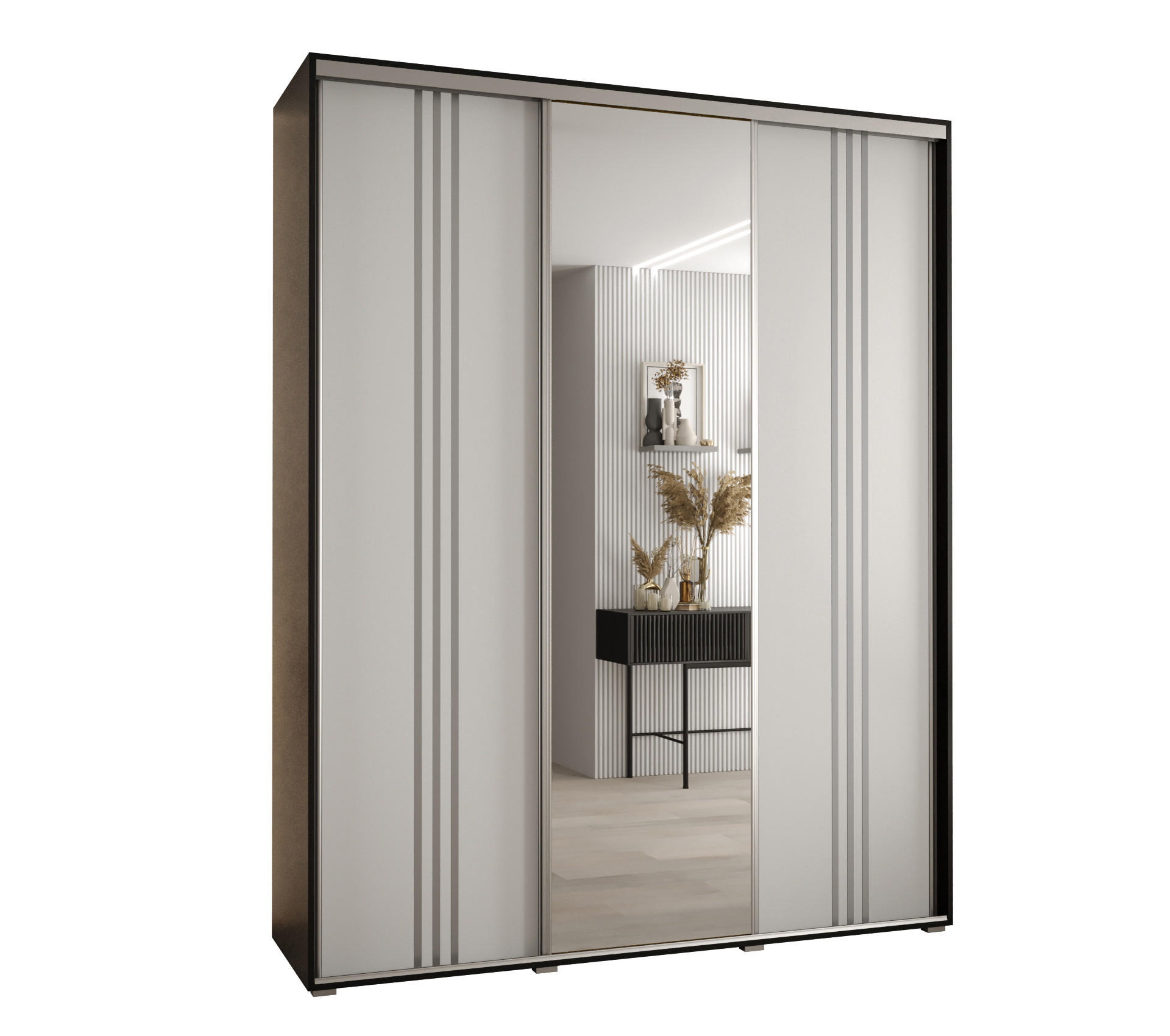 Abiks Möbel Schwebetürenschrank Schwarz, Weiß, Silber 190x235x45 cm