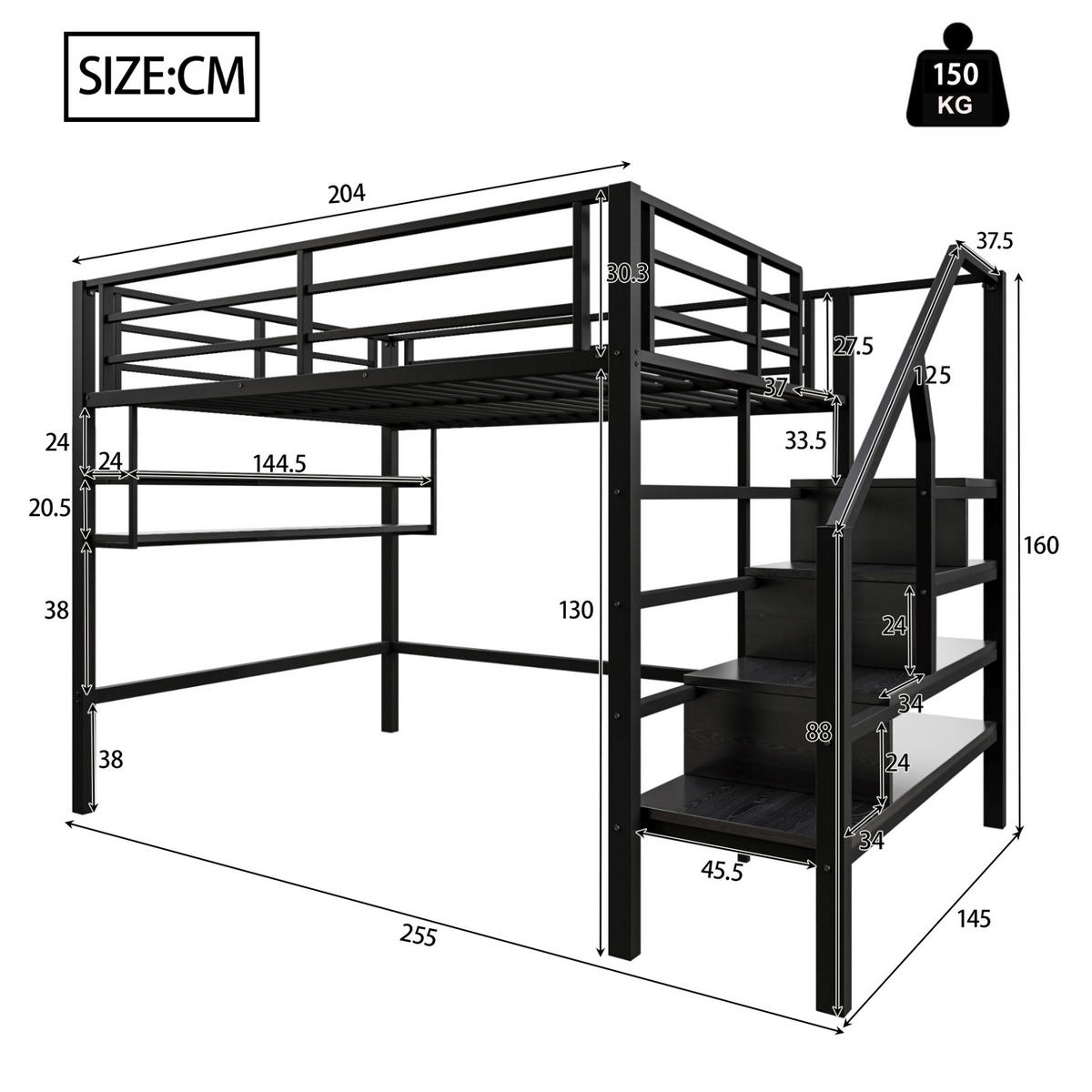 HOCHBETT 140/200 cm in Schwarz – mit Stauraumleiter und Regalfächern - Schwarz, Metall (140/200cm) - BEAOK