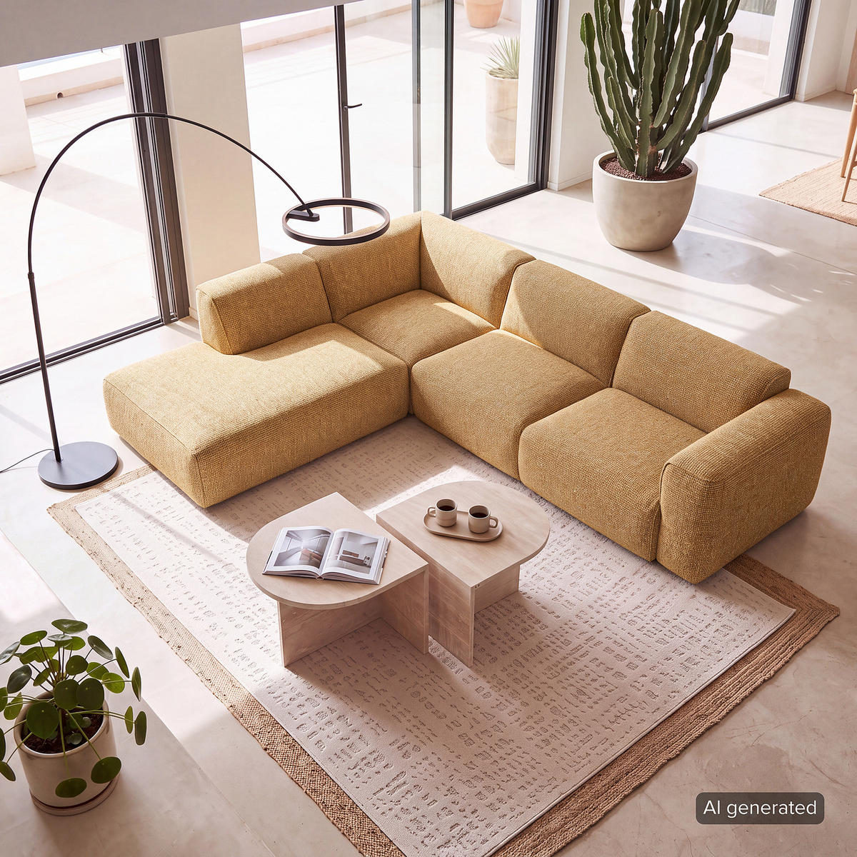 3-SITZER ECKSOFA mit Recamiere - Schwarz/Honig, Kunststoff/Textil (295/231cm) - home24