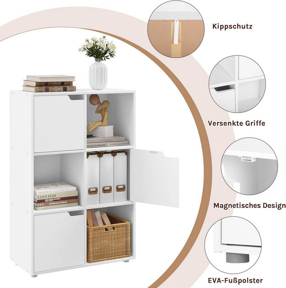 REGALE Bücherregal mit 3 Türen, 6 Fächer, Weiß - Weiß, Holzwerkstoff (59.6/91/29cm) - Woltu
